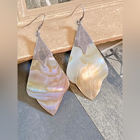 SOLD-Vintage Stylized Fan Leaf shaped Abalone Shell & Sterling Drop Earrings - Picture 2 of 15